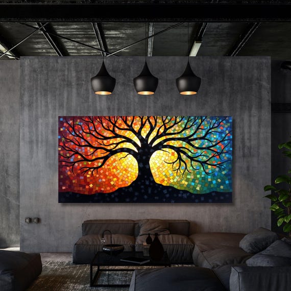 Mosaic Stained Glass Effect Tree of Life Canvas Wall Art Yggdrasil Painting,Mosaic Canvas Poster,Gustav Klimt Style Poster,Klimt Exhibition