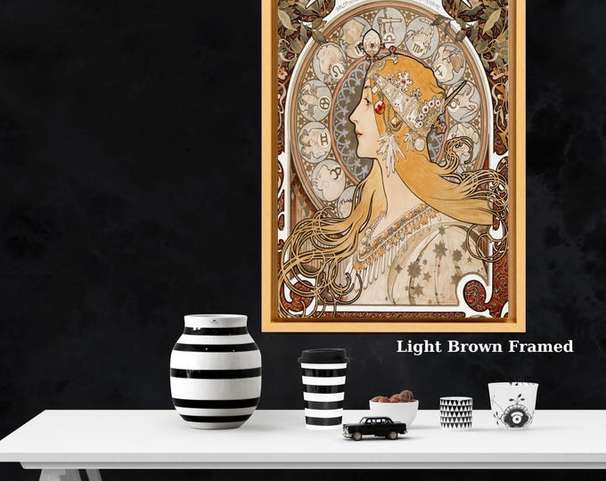 La Plume Art Nouveau Goddess Canvas Art, Vintage Celestial Woman Wall Decor, Alphonse Mucha Inspired Zodiac Poster, Elegant Retro Home Art