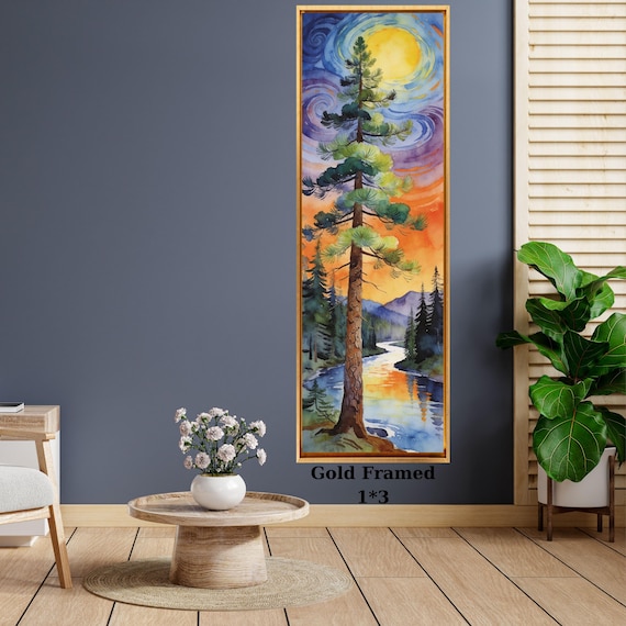 Long Narrow Canvas Wall Art Vertical Nature Print Tall Modern sun Tree or Mountain Wall Decor for Hallway,Entryway Small Space Styling Print