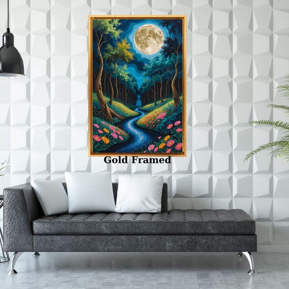 Gustav Klimt Style Magical Forest Canvas Wall Art with Full Moon Sky and River Dreamy Nature Print for Bedroom or Living Room Wall Decor art