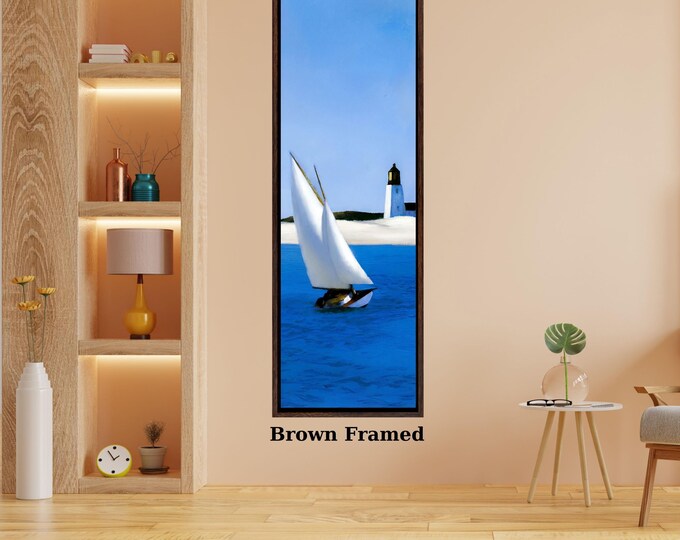 Edward Hopper Style Sailing Canvas Art, Vertical Nautical Lighthouse Print