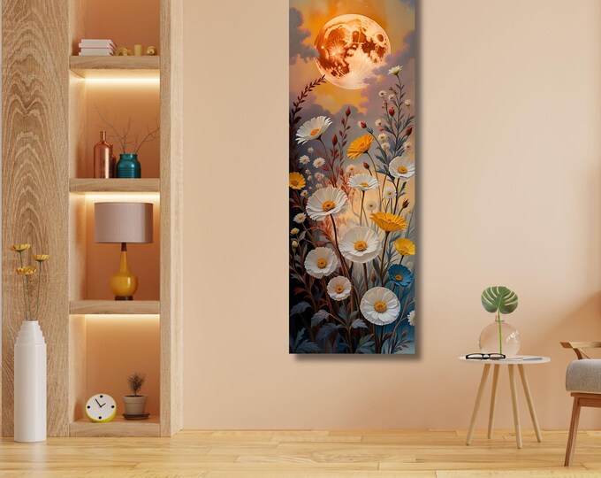 Moonlit Wildflower Canvas Print: Klimt Inspired Rustic Mountain Art