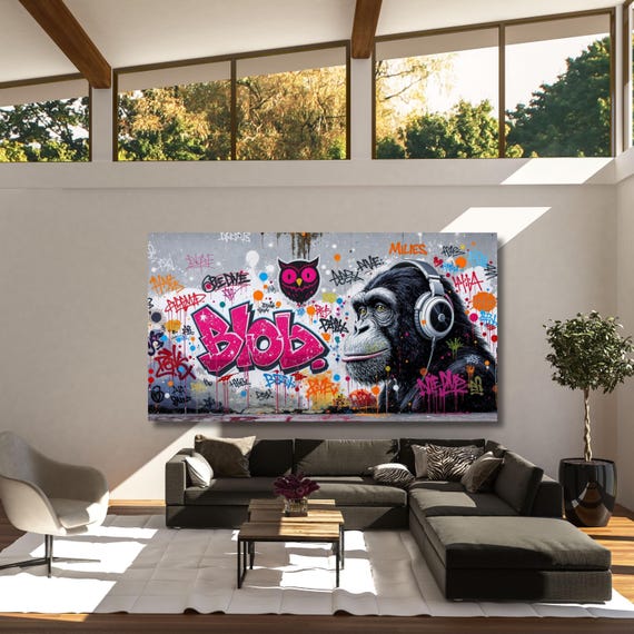 Banksy DJ Monkey Canvas Wall Art Banksy Thinking Monkey Music Thinker Graffiti Wall Art Extra Large Wall Art Gorilla Chimp Ready to Hang