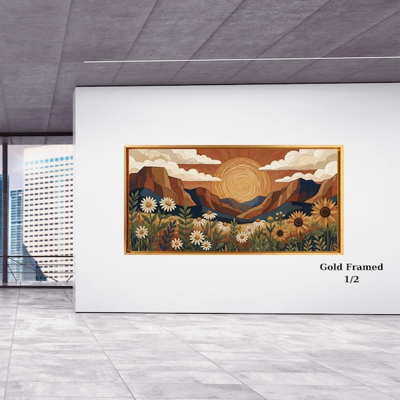 Panoramic Boho Mountain Landscape Canvas Wall Art, Framed Canvas Japanese Style Mid Century Exhibition Large Modern Living Room Decor