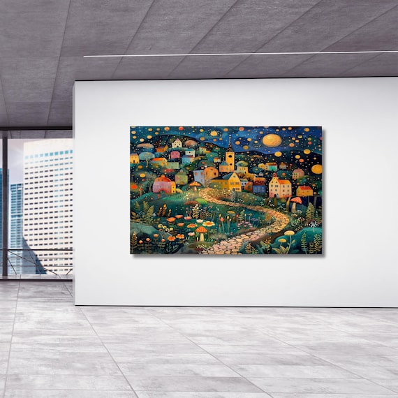Klimt Style Whimsical Night Village Canvas Wall Art – Moonlit Forest Landscape Fantasy Decor