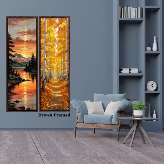 Set of 2 Tall Narrow Vintage Nature Canvas Wall Art  Long Vertical Forest Dining Room, Living Room, Office Print Long and Narrow Wall Art