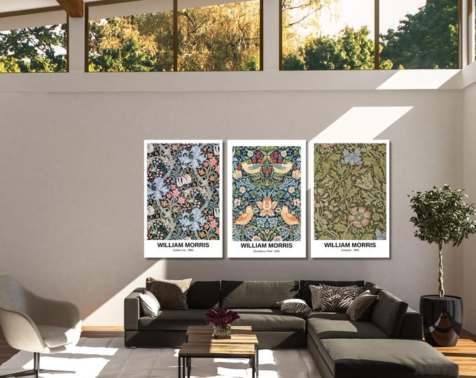 Retro Sage Green and Pink Botanical Prints, Victorian Style 3 Piece Wall Art, William Morris Exhibition Poster Set, Elegant Nature Canvas