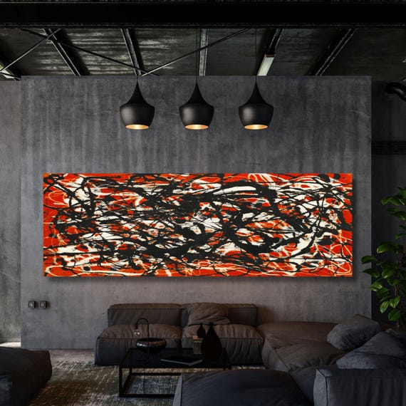 Panoramic Pollock Red Canvas Art: Large Wall Art, Vintage Style