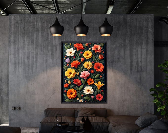 Botanical Wildflower Field Canvas Wall Art, Vintage Dark Green Print, Farmhouse Decor