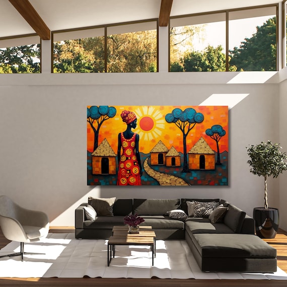 Panoramic Traditional African Village Scene Canvas Wall Art Cultural Canvas Wall Art Unique Gift Home Decor Ethnic Afrocentric Wall Art gift