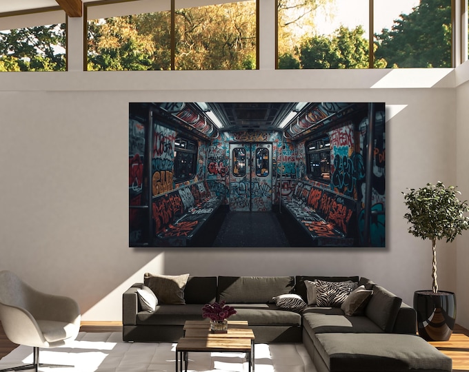 Graffiti Subway Train Canvas Print, Urban Street Art Wall Decor, Industrial NYC Pop Art, Modern Graffiti Wall Art, Framed Canvas Poster art