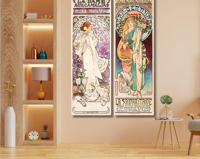 Set of 2 Alphonse Mucha Long Canvas – La Dame aux Camelias & La Samaritaine Art Nouveau Prints