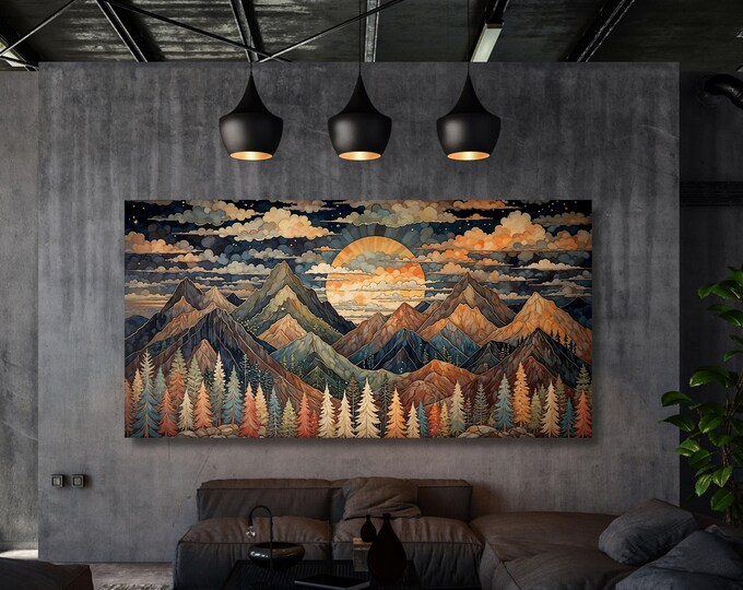 Full Moon Wildflower Canvas Art, Rustic Mountain Landscape