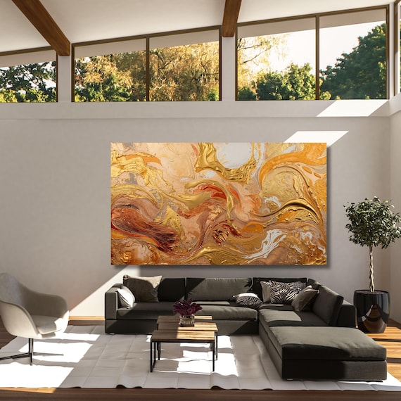 Gold and Copper Abstract Canvas Wall Art, Modern large copper artwork Print, Elegant Large Wall Decor, Luxury Textured Art for Living Room