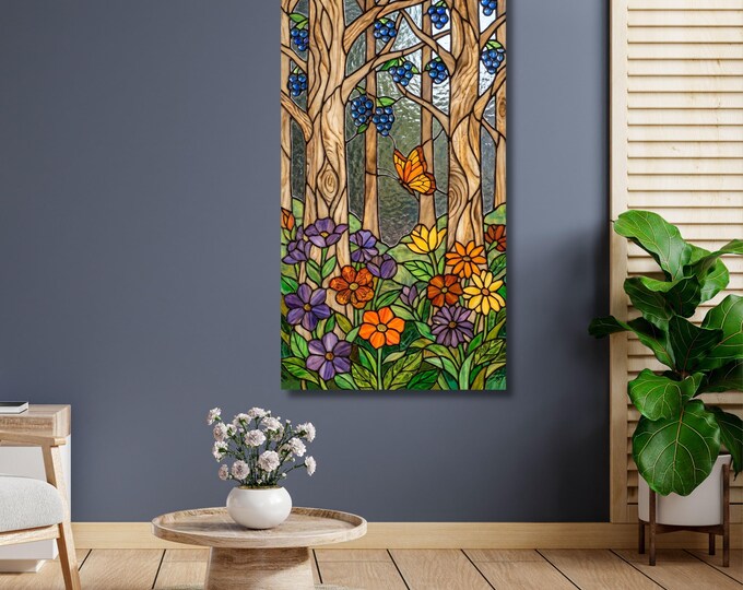 Stained Glass Forest Canvas Art, Vertical Nature Print, Butterfly Flowers Wall Decor