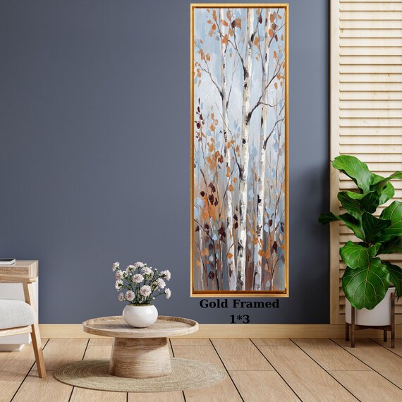 Long Vertical Birch Tree Canvas Art, Abstract Forest Wall Decor, Tall Framed and Poster Nature Painting