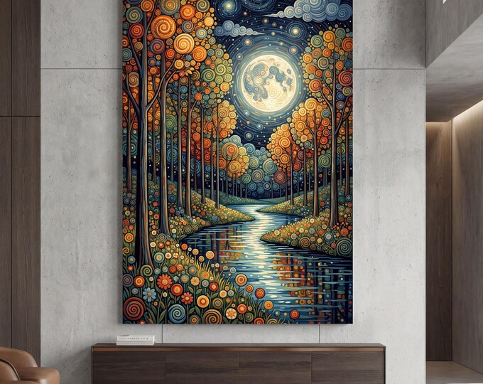 Moonlit Forest Canvas Art, Vintage Pine Tree Painting