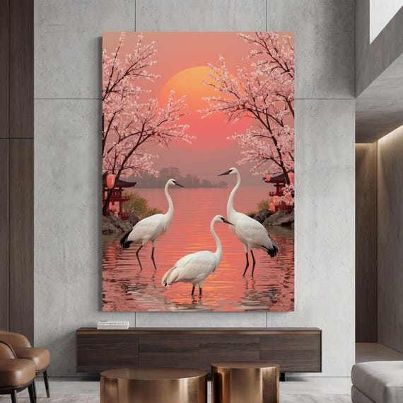 Cranes at Sunset Canvas Wall Art – Japanese Zen Landscape Print, Tranquil Wall Decor Framed/Poster