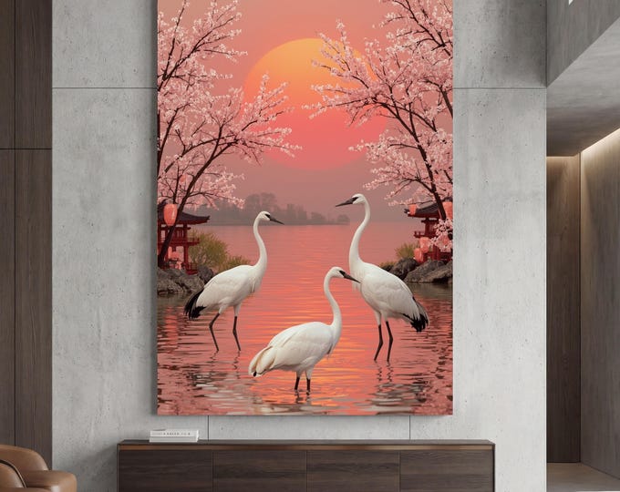 Cranes at Sunset Canvas Wall Art – Japanese Zen Landscape Print, Tranquil Wall Decor Framed/Poster