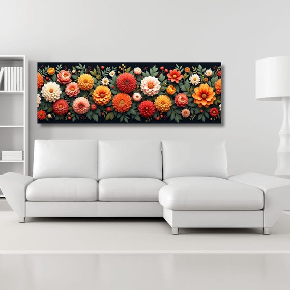 Botanical Garden Wildflowers Pattern Canvas Wall Art Botanical Ready to Hang Horizontal Decor Extra Large Wall Art Framed Art Home Poster