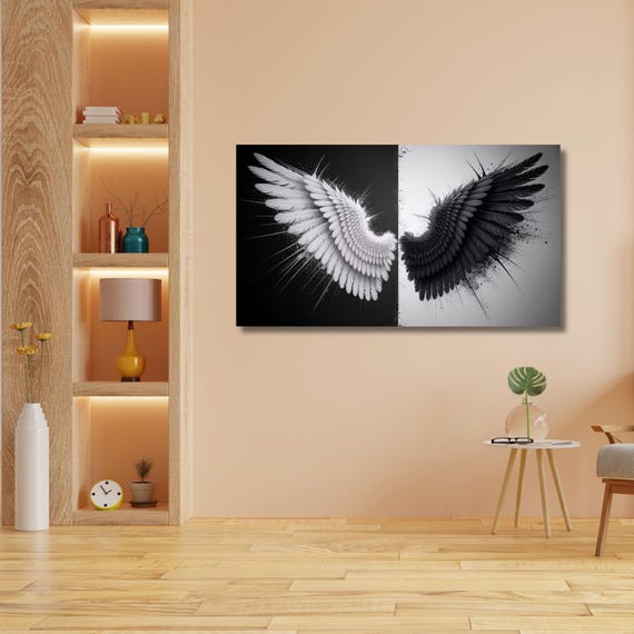 Black and White Angel Wings Canvas Wall Art, Modern Minimalist Wings Poster Print, Large Monochrome Wall Decor for Bedroom or Living Room