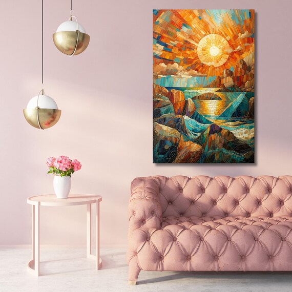 Long Sunshine Canvas, Bedroom Wall Art, Sunrise Mosaic Wall Art Above Panoramic Sun Wall Art Christmas Gift Artwork Sunset Canvas Wall Art