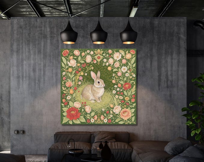 Whimsical Rabbit Canvas in William Morris Style Vintage Floral Wall Art Animal Nature Print for Nursery, Cottagecore or Classic Home Decor