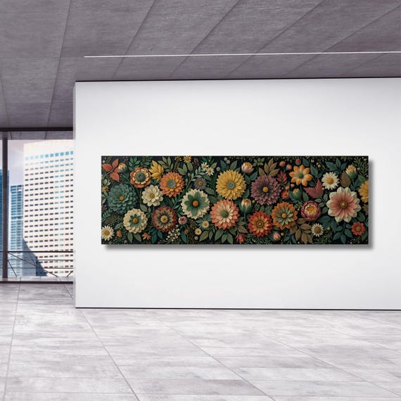 Botanical Garden Wildflowers Pattern Canvas Wall Art Botanical Ready to Hang Horizontal Decor Extra Large Wall Art Framed Art Home Poster