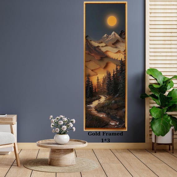 Long Narrow Layered Mountain Landscape Canvas, Sparkling Night Framed Ready to Hang Vertical Nature Print, Moonlit Forest Poster Decor art