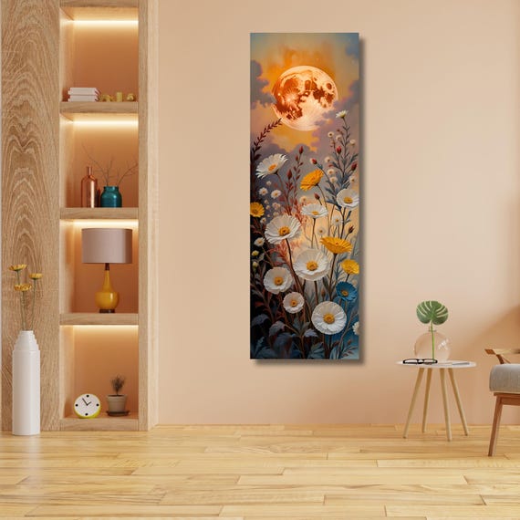 Moonlit Wildflower Canvas Print: Klimt Inspired Rustic Mountain Art
