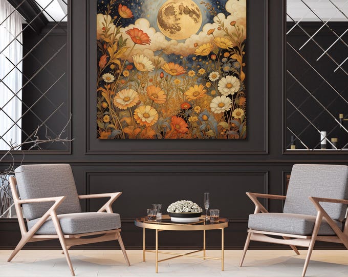 Klimt-Inspired Full Moon Wildflower Canvas Art: Rustic Mountain Print