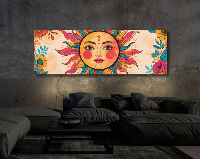 Boho Sun Face Canvas Print, Emerald Sunset Wall Art, Horizontal Vintage Painting