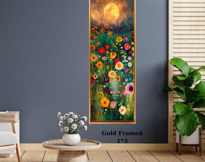 Klimt Flower Meadow Canvas Art, Colorful Mosaic Nature Decor, Impressionist Apple Tree Painting, Gold and Green Floral Wall Decor