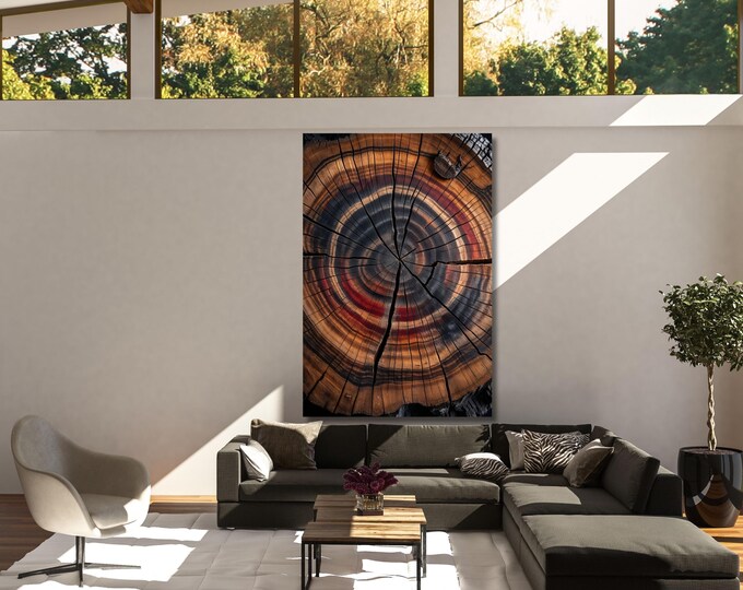 Tree Ring Canvas Art,Rustic Wood Slice Print,Neutral Farmhouse Decor,Annual Rings Poster,Modern Cabin Wall Hanging, Abstract Nature Painting