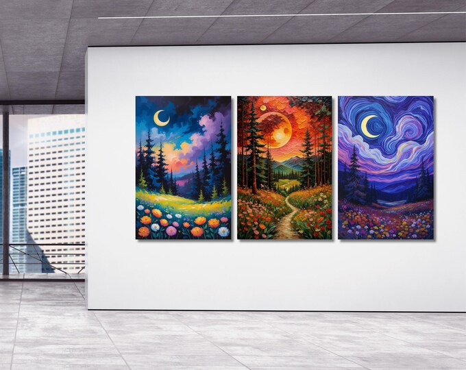 Klimt Style Celestial Canvas Art Set, Golden Moon Night Sky Print