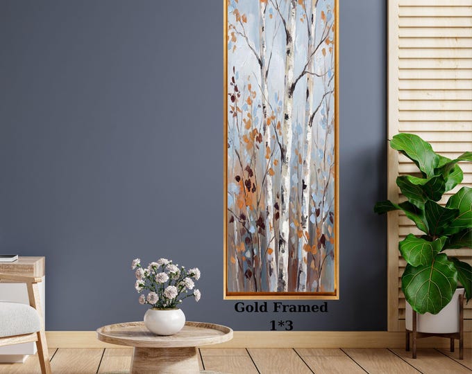 Long Vertical Birch Tree Canvas Art, Abstract Forest Wall Decor, Tall Framed and Poster Nature Painting