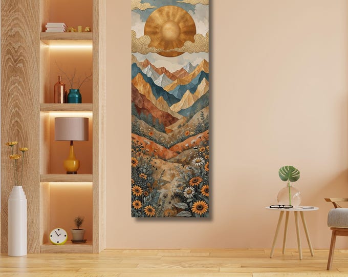 Long Panoramic Sun Landscape Canvas Wall Art, Framed Canvas Japanese Style Mid Century Exhibition Japandi Print,  Large Modern Living Room