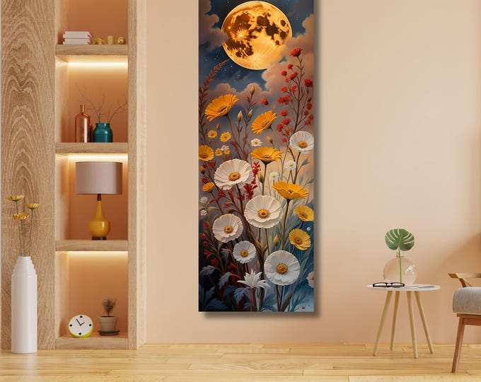 Klimt-Inspired Full Moon Wildflower Canvas Art: Rustic Mountain Print