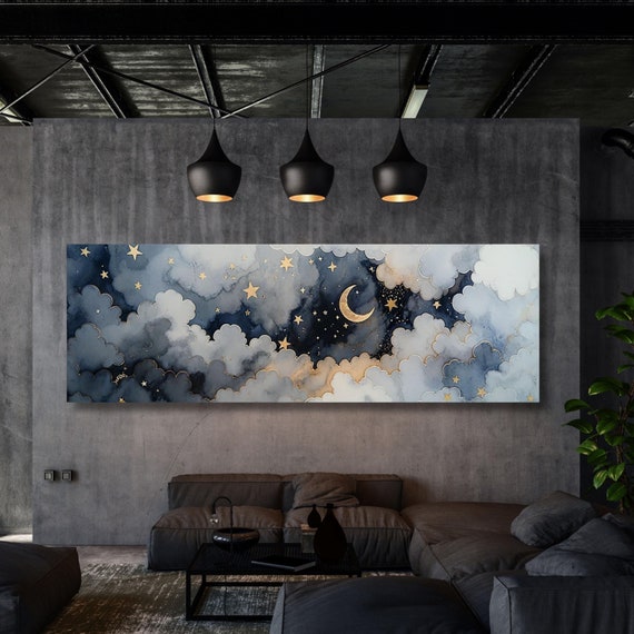 Panoramic Starry Night Canvas Canvas Wall Art Crescent Moon, Night Sky Print,Vibrant Celestial Artwork with Print Canvas art