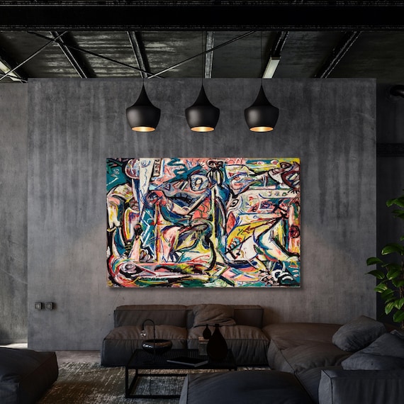Jackson Pollock Surreal Faces Canvas Print, Abstract Expressionist Wall Art