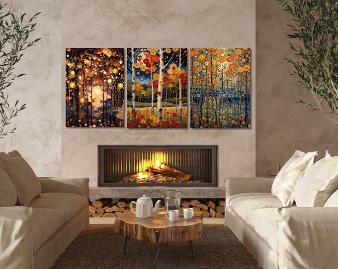 Klimt Style Canvas Wall Art Set - Night Sky with Gold Flowers