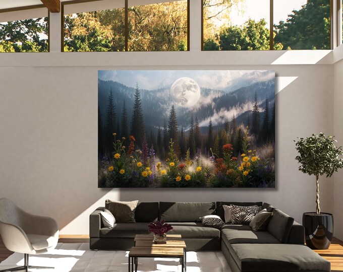 Moonlit Forest Wildflower Print, Full Moon Mountain Wall Art, Klimt Inspired Canvas