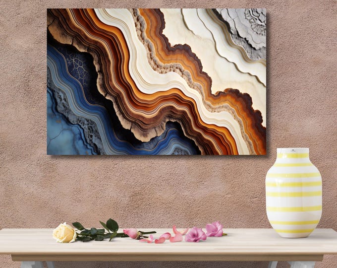 Abstract Agate Slice Canvas Wall Art, Blue and Amber Geode Crystal Print, Modern Marble Texture Mural, Large Earth Tone Nature Decor