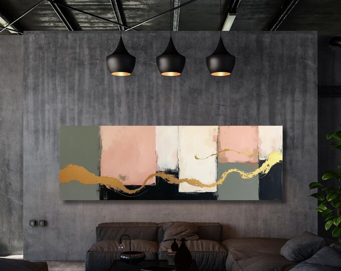 Panoramic Abstract Canvas Wall Art, White Yellow Blue Marble Decor