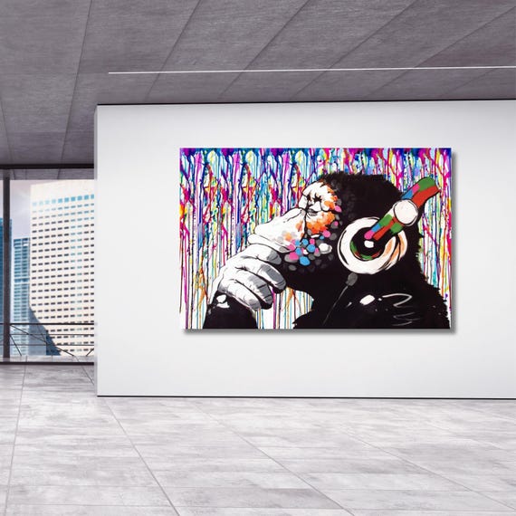 Banksy DJ Monkey Canvas Wall Art Banksy Thinking Monkey Music Thinker Graffiti Wall Art Extra Large Wall Art Gorilla Chimp Ready to Hang