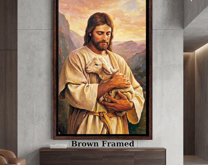 Jesus Good Shepherd Canvas Print,Christ Lamb Wall Art,Religious Home Decor,Christian Portrait Painting,Spiritual Gift,Church Wall Art
