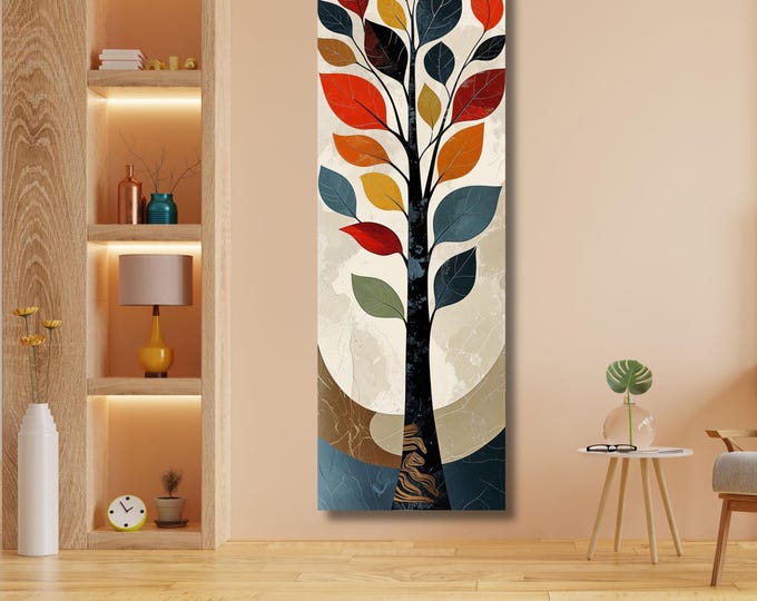 Nature Canvas Wall Art, Vertical Sun Tree and Mountain (Tall Narrow Print)