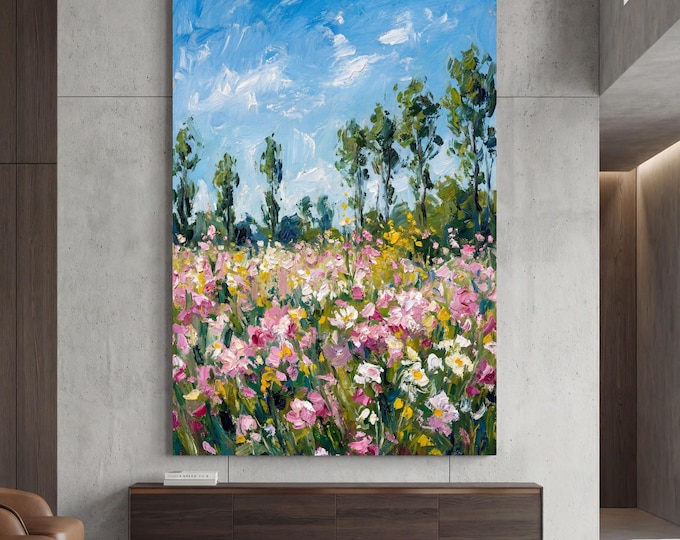 Klimt Style Botanical Landscape Canvas Art, Oversize Nature Print, Elegant Wood Frame