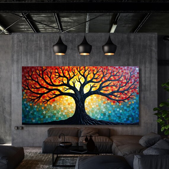 Mosaic Stained Glass Effect Tree of Life Canvas Wall Art Yggdrasil Painting,Mosaic Canvas Poster,Gustav Klimt Style Poster,Klimt Exhibition
