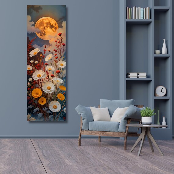 Klimt-Inspired Wildflower Canvas Art: Moonlit Forest, Rustic Mountain Decor